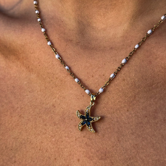 Blue & Pearl Starfish White Confetti Necklace