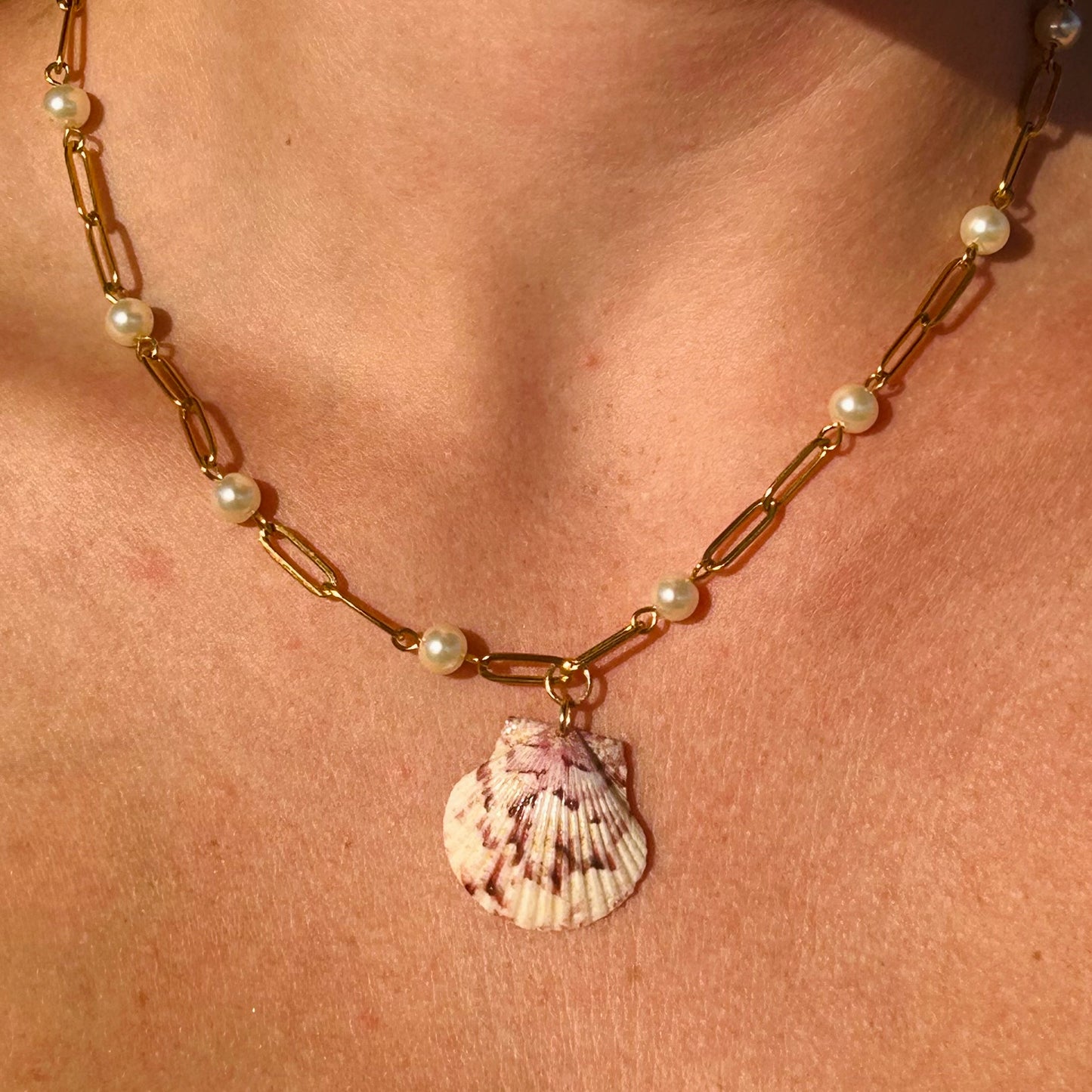 Scallop Pearl Paperclip Necklace